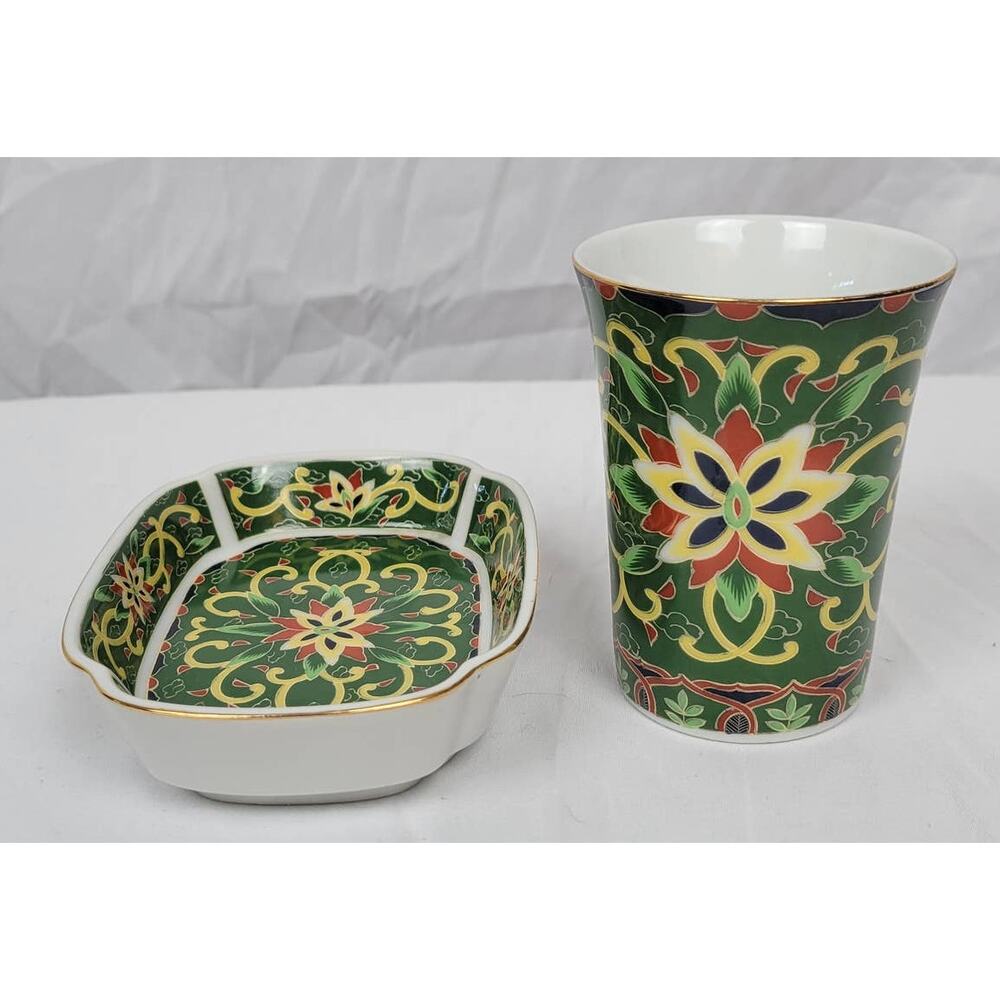 Kashmir Takahashi San Franscisco 1981 Hand Decorated Rectangular Bowl and Cup